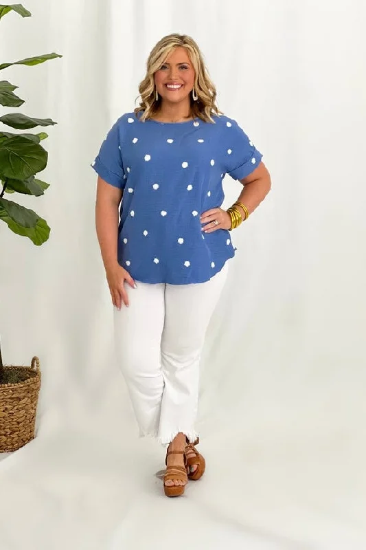 Blue and Off White Cuff Sleeve Dot Print Top