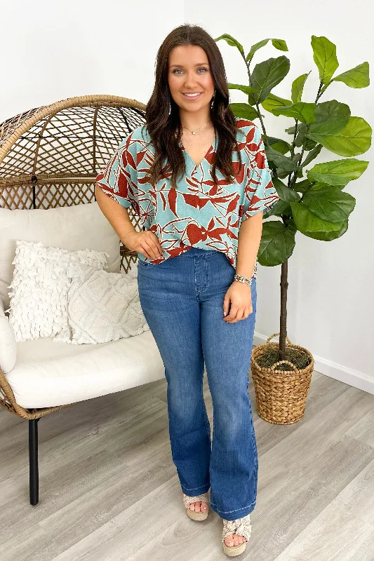 Teal & Rust Printed Short Sleeve Top