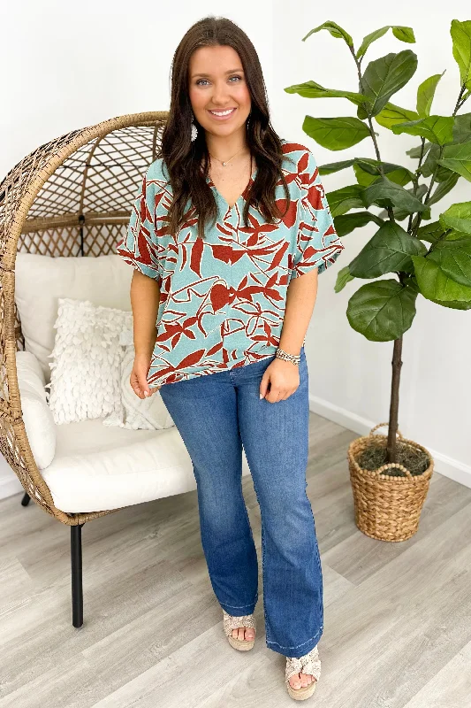 Teal & Rust Printed Short Sleeve Top