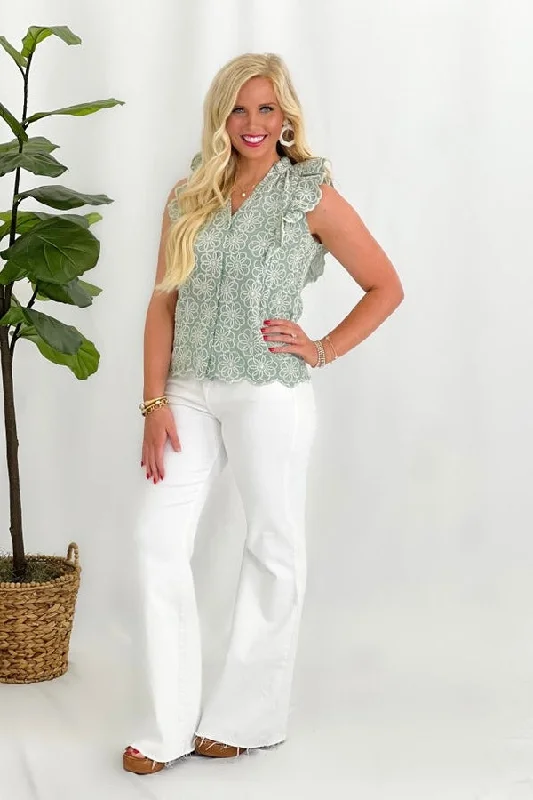 Moss Green Ruffle Embroidery Top