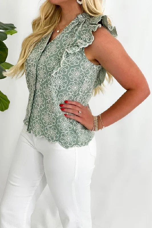 Moss Green Ruffle Embroidery Top