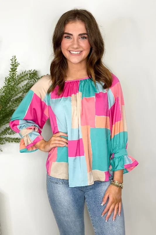 Aqua Pink Geometric Print Satin Top