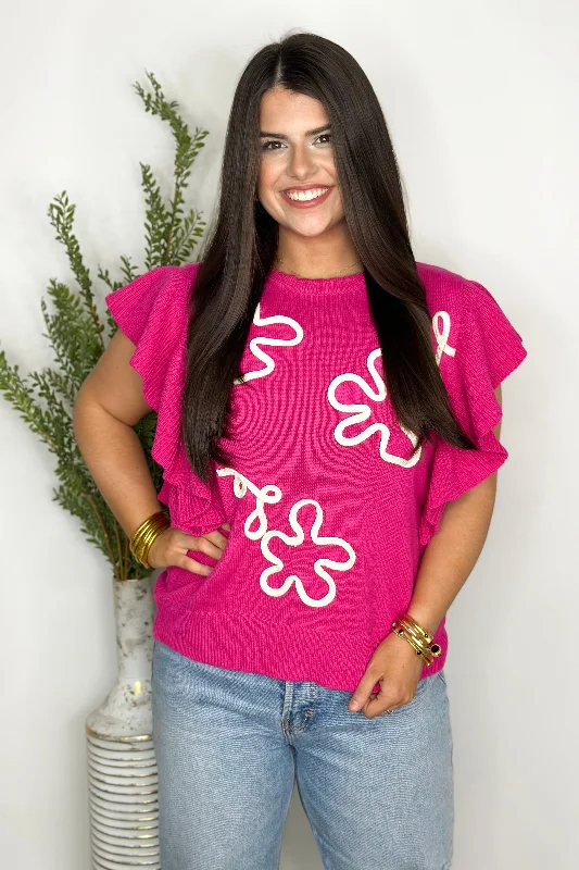 Fuchsia Embroidered Flower Ruffle Sleeve Top