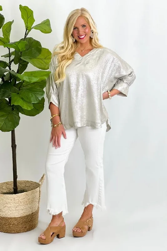 Pearl Shimmer V-Neck Short Sleeve Top