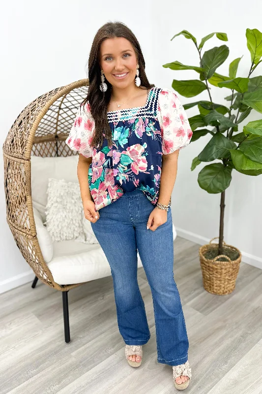 Navy Floral Contrast Puff Sleeve Top