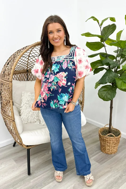 Navy Floral Contrast Puff Sleeve Top