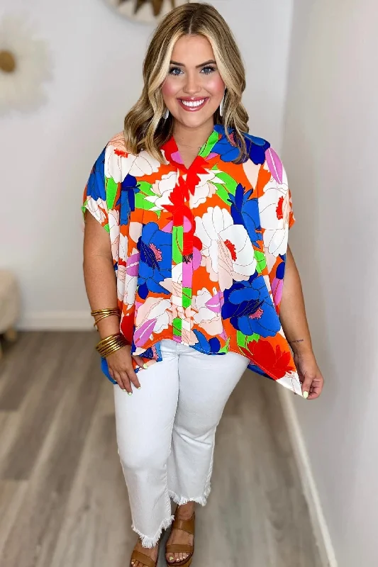 Coral Mix Floral Print Oversize V-Neck Top