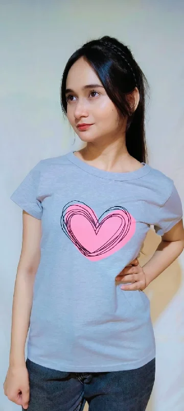 HEART PRINT ROUND NECK TEE-GREY