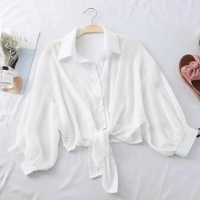 HELIAR Chiffon Shirts Women 2020 Summer Half Sleeve Buttoned Up Shirt Loose Casual Blouse Tied Waist Elegant Blouses For Women