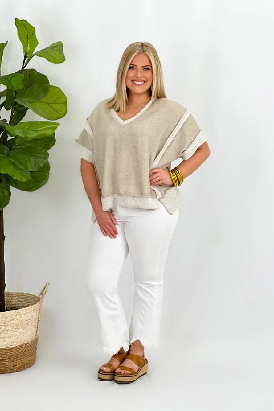 Taupe Terry V-Neck Half Sleeve Top