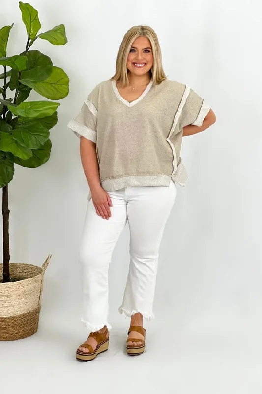 Taupe Terry V-Neck Half Sleeve Top