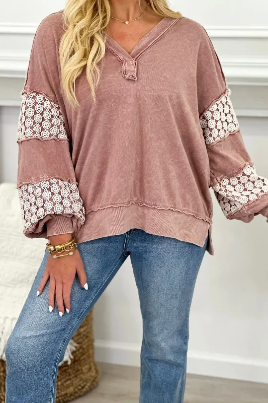 Light Mauve Mineral Washed Floral Detailed Top