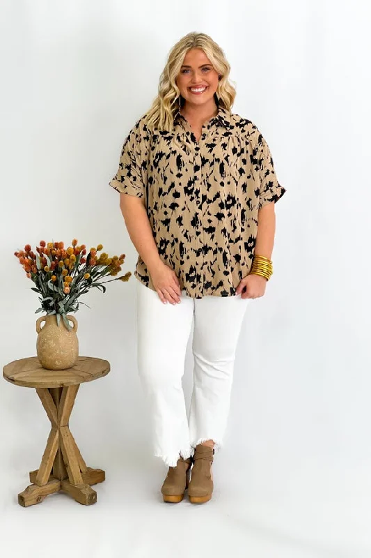 Taupe Print Button Up Short Sleeve Top