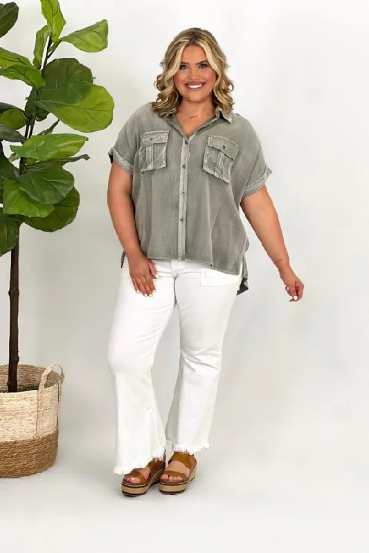 Sage Mineral Wash Button Up Top