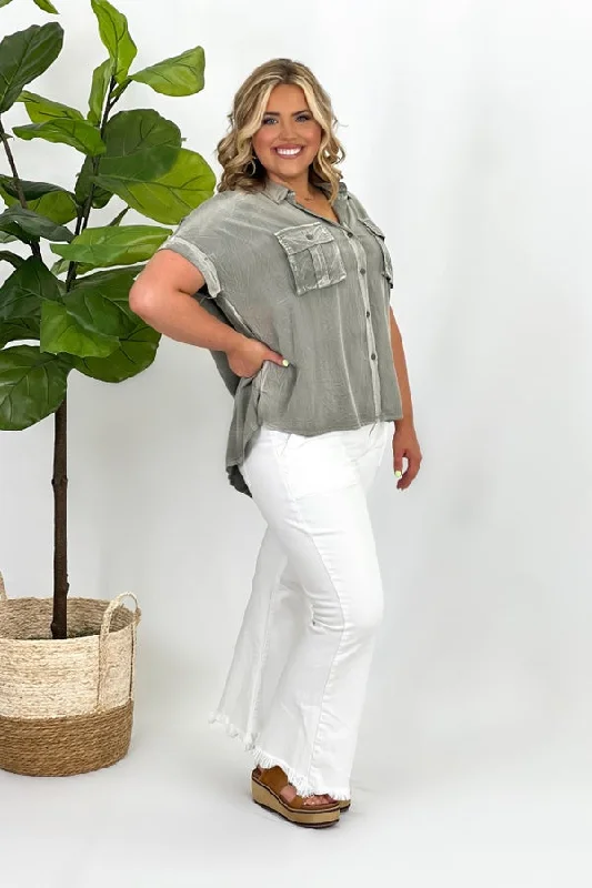 Sage Mineral Wash Button Up Top