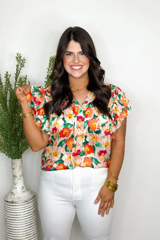 Orange & Jade Floral Print Ruffle Top