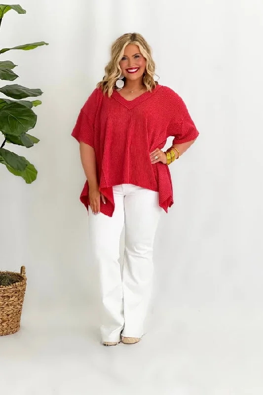 Red Textured V-Neck High Low Top