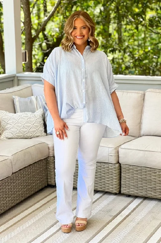 Blue Striped Button Up Collared Top