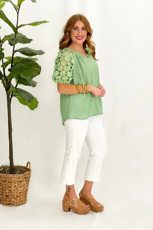 Sage V-Neck Dot Sleeve Top