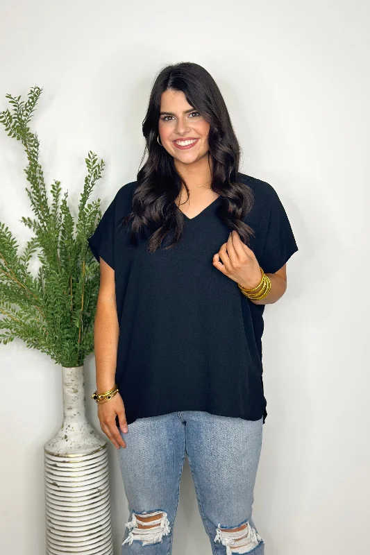 Black Textured V-Neck Top