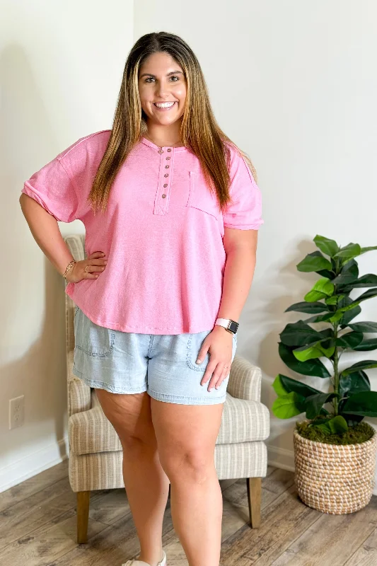 Pink Short Sleeve Button Detail Pocket Top