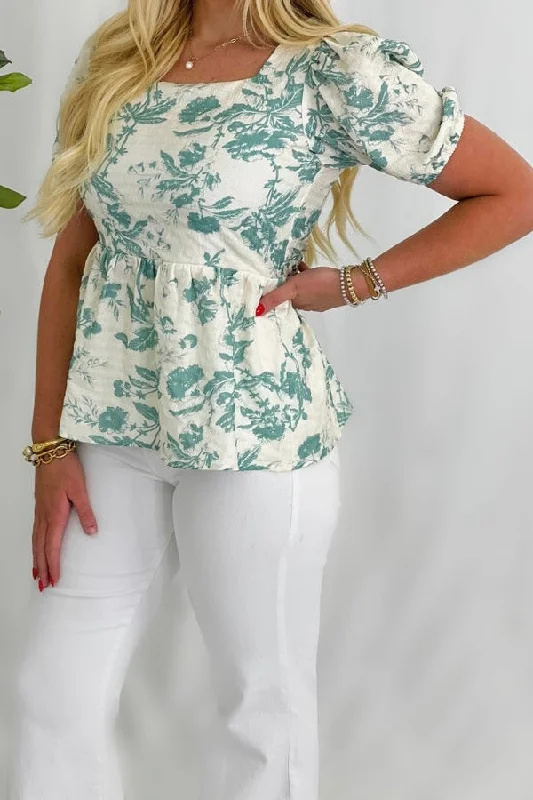 Teal Print Square Neck Top