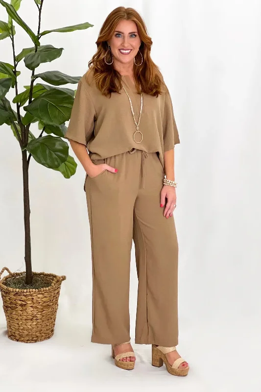 Mocha Textured V-Neck Pant Set