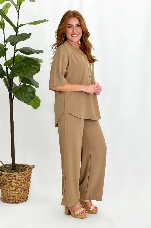 Mocha Textured V-Neck Pant Set