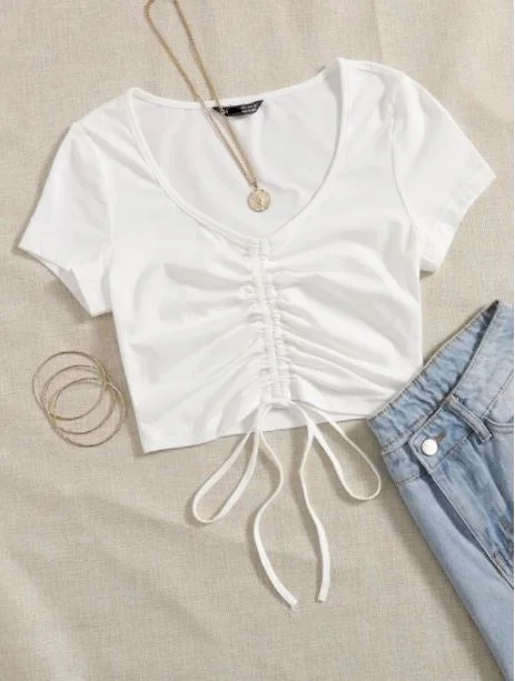 SOLID DRAWSTRING RUCHED TEE