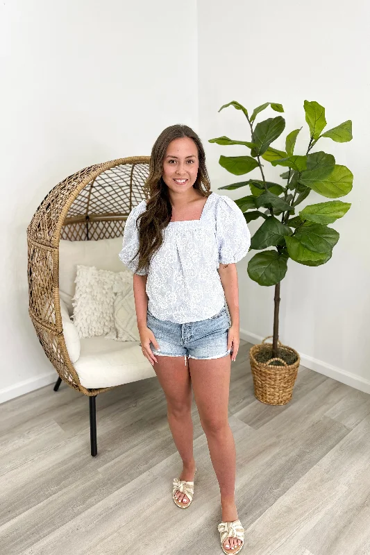 Light Blue Puff Sleeve Square Neck Print Top