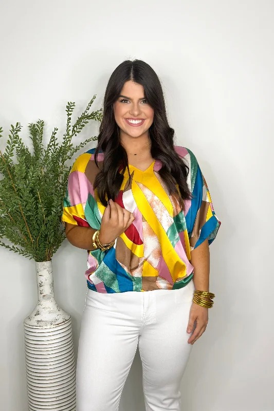 Yellow and Taupe Print Short Sleeve V-Neck Satin Top