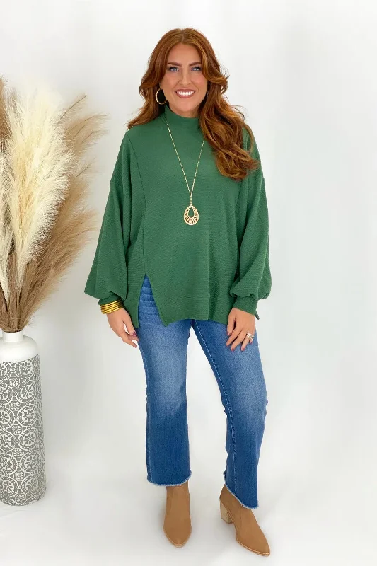 Green Mock Neck Cuff Long Sleeve Top