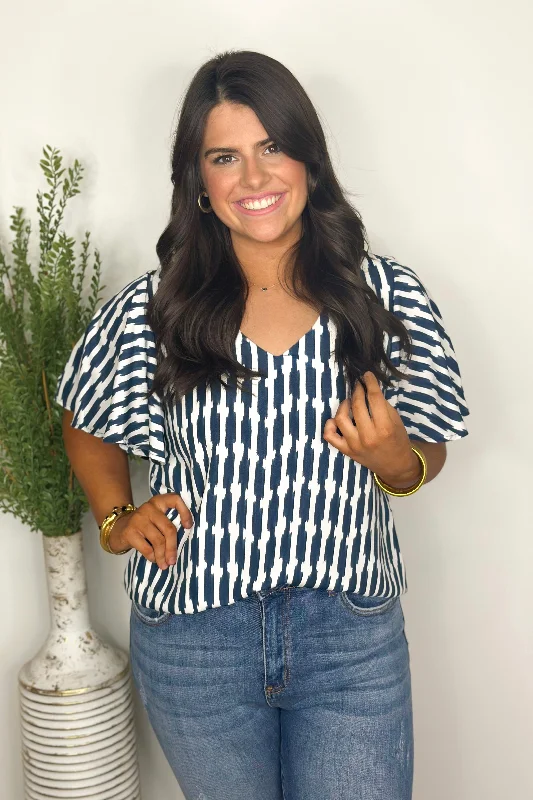 Navy Stripe Flare Sleeve Top