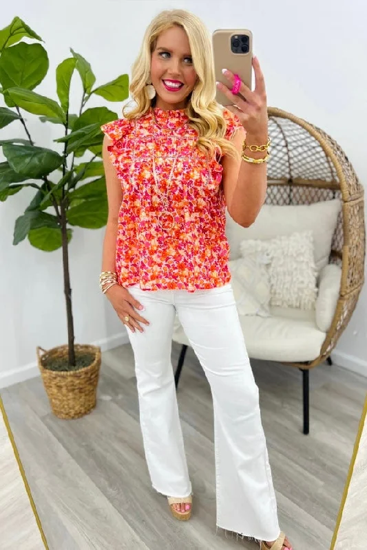 Pink Floral Print Flutter Sleeve Top