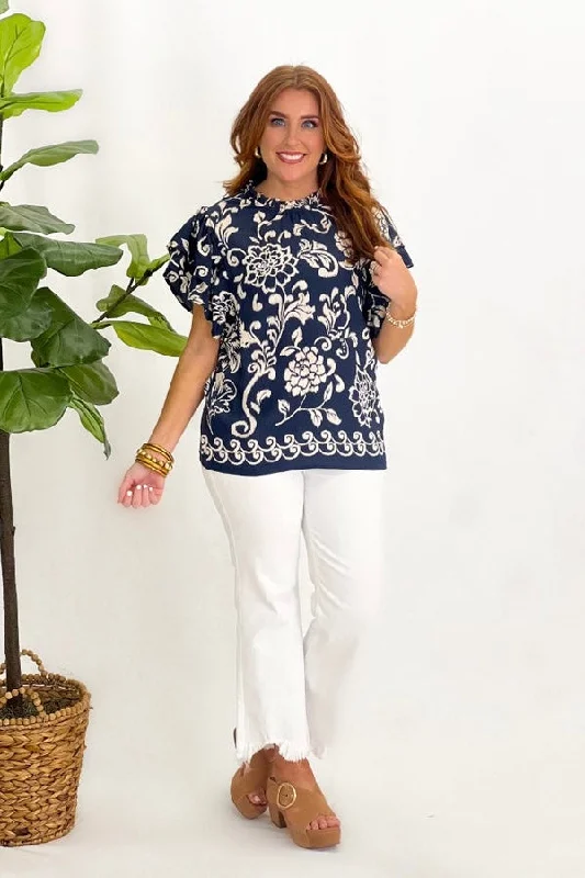 Navy Floral Print Ruffle Sleeve Top