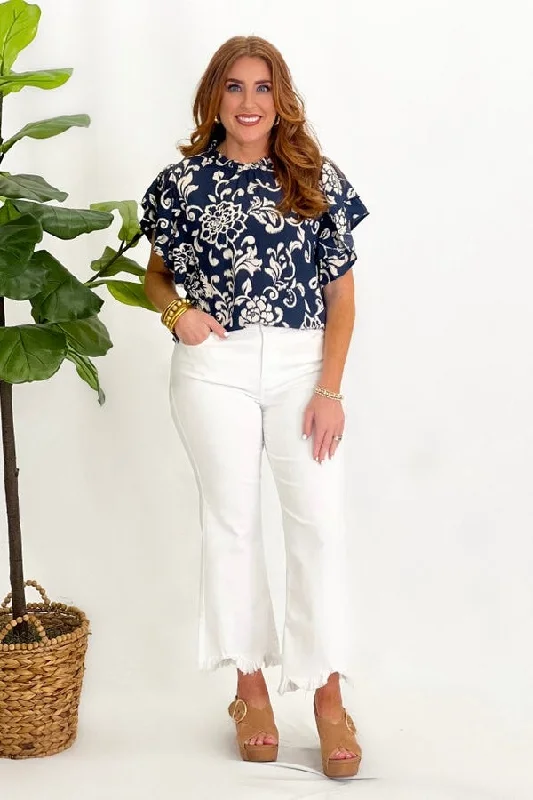 Navy Floral Print Ruffle Sleeve Top