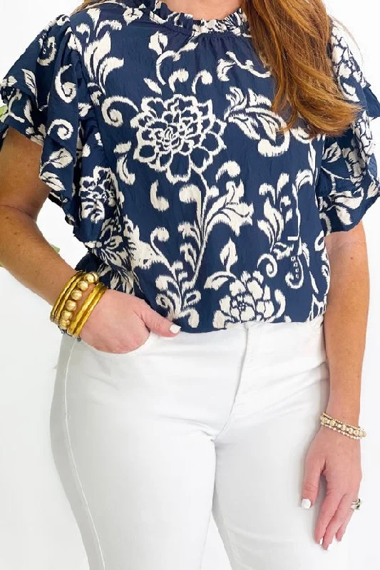 Navy Floral Print Ruffle Sleeve Top