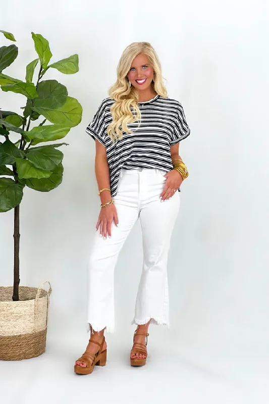 Black Striped Short Sleeve Round Neck Top