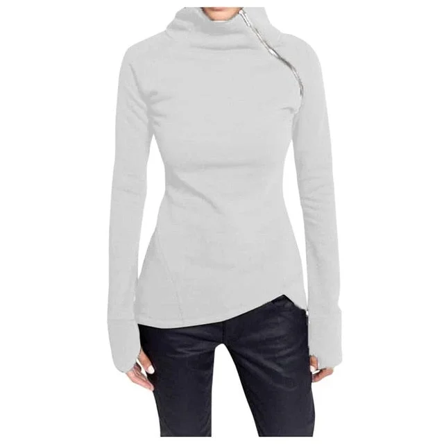 Winter Women Casual Solid Blouse Long Sleeve girl Pullover Turtleneck Zipper Sweatshirt female Tops