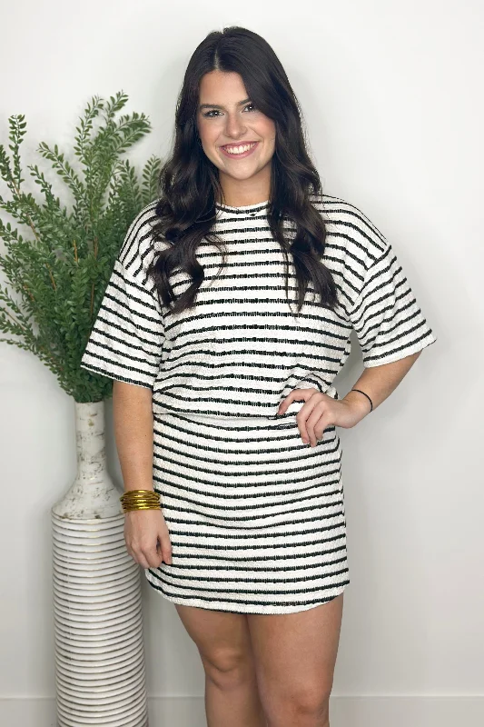 Ivory and Black Stripe Crew Neck Skort Set